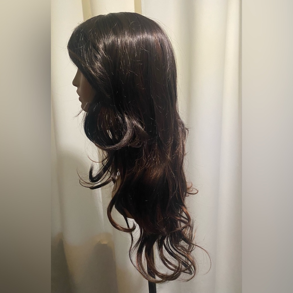 Elegant Chestnut Brown With Copper Highlights Long Layered Wavy Wig - Picture 2 of 9